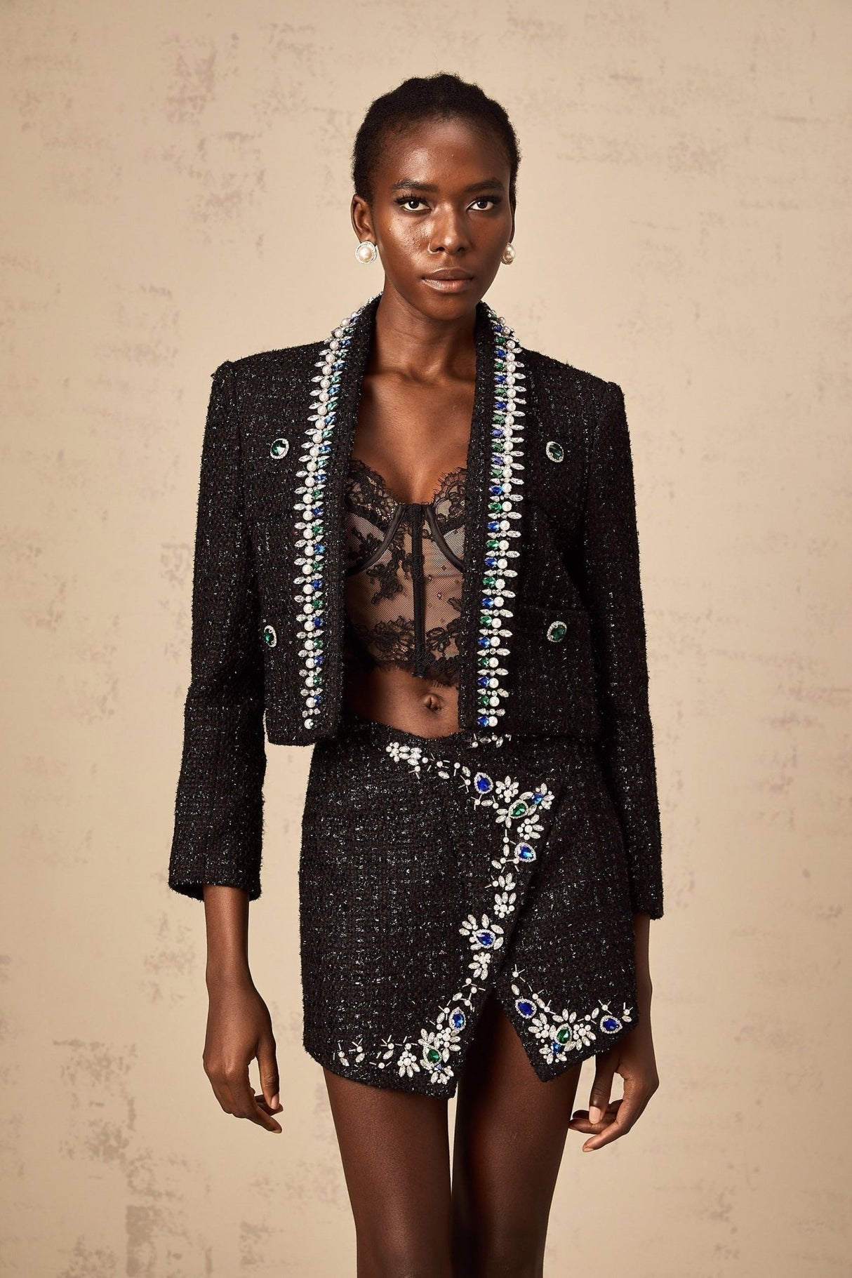 Alba Jacket & Skirt Set - Bouclé Construction - Crystal & Faux - Pearl Embellishment - Metallic Threading - Patch Pockets