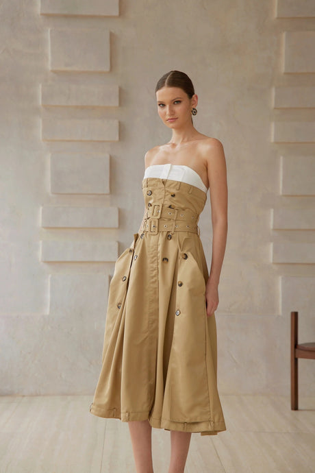 Alba Khaki Trench Style Midi Dress