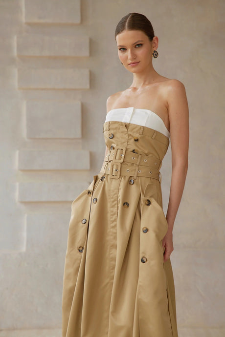 Alba Khaki Trench Style Midi Dress