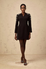 Alba Mini Dress Black Embellished Split - Neck