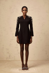 Alba Mini Dress Black Embellished Split - Neck