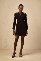 Alba Mini Dress Black Embellished Split - Neck