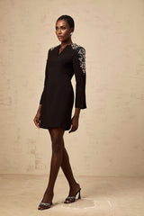 Alba Mini Dress Black Embellished Split - Neck