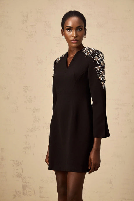 Alba Mini Dress Black Embellished Split - Neck