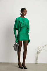 Alba Mini Dress - Stretch - Design Satin Finish Ruched Detailing V - Neck