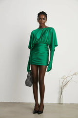 Alba Mini Dress - Stretch - Design Satin Finish Ruched Detailing V - Neck