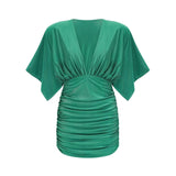 Alba Mini Dress - Stretch - Design Satin Finish Ruched Detailing V - Neck