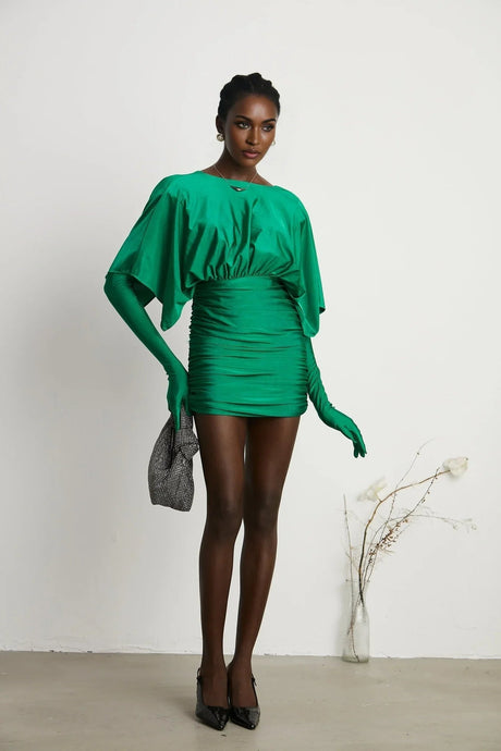 Alba Mini Dress - Stretch - Design Satin Finish Ruched Detailing V - Neck