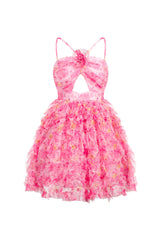 Alba Pink Floral Cutout Ruffle Dress