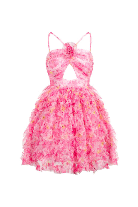 Alba Pink Floral Cutout Ruffle Dress
