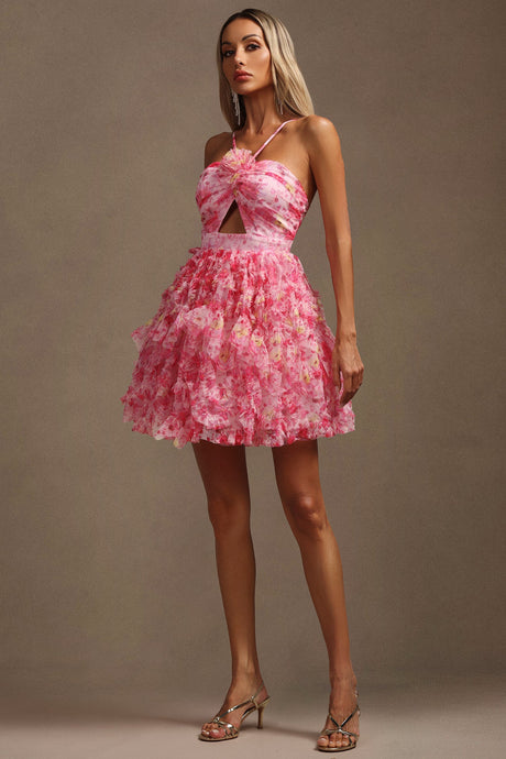 Alba Pink Floral Cutout Ruffle Dress
