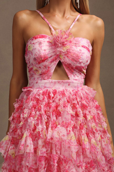 Alba Pink Floral Cutout Ruffled Dress