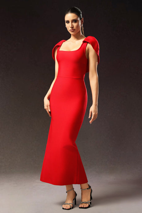 Alba Red Bandage Fabric Maxi Dress with Cape-Like Detail