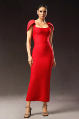 Alba Red Bandage Maxi Dress Square Neckline Cape Sleeves