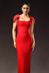 Alba Red Bandage Maxi Dress Square Neckline Cape Sleeves Elegant Modern Design