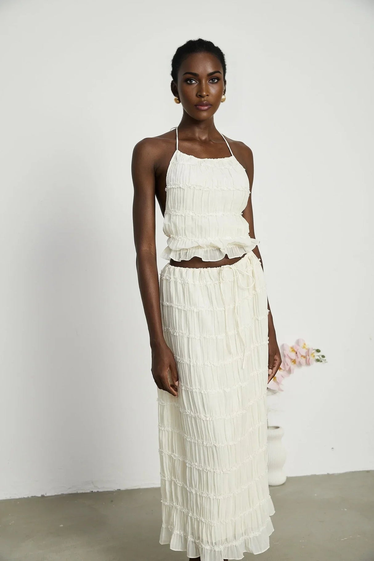 Alba Skirt & Top Set - Sleeveless Halterneck Open Back Pleated Ruffled Floor Length