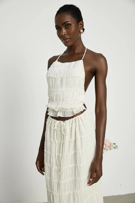 Alba Skirt & Top Set - Sleeveless Halterneck Open Back Pleated Ruffled Floor Length