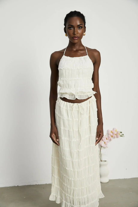 Alba Skirt & Top Set - Sleeveless Halterneck Open Back Pleated Ruffled Floor Length