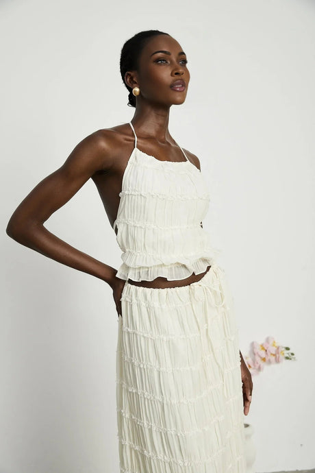 Alba Skirt & Top Set - Sleeveless Halterneck Open Back Pleated Ruffled Floor Length