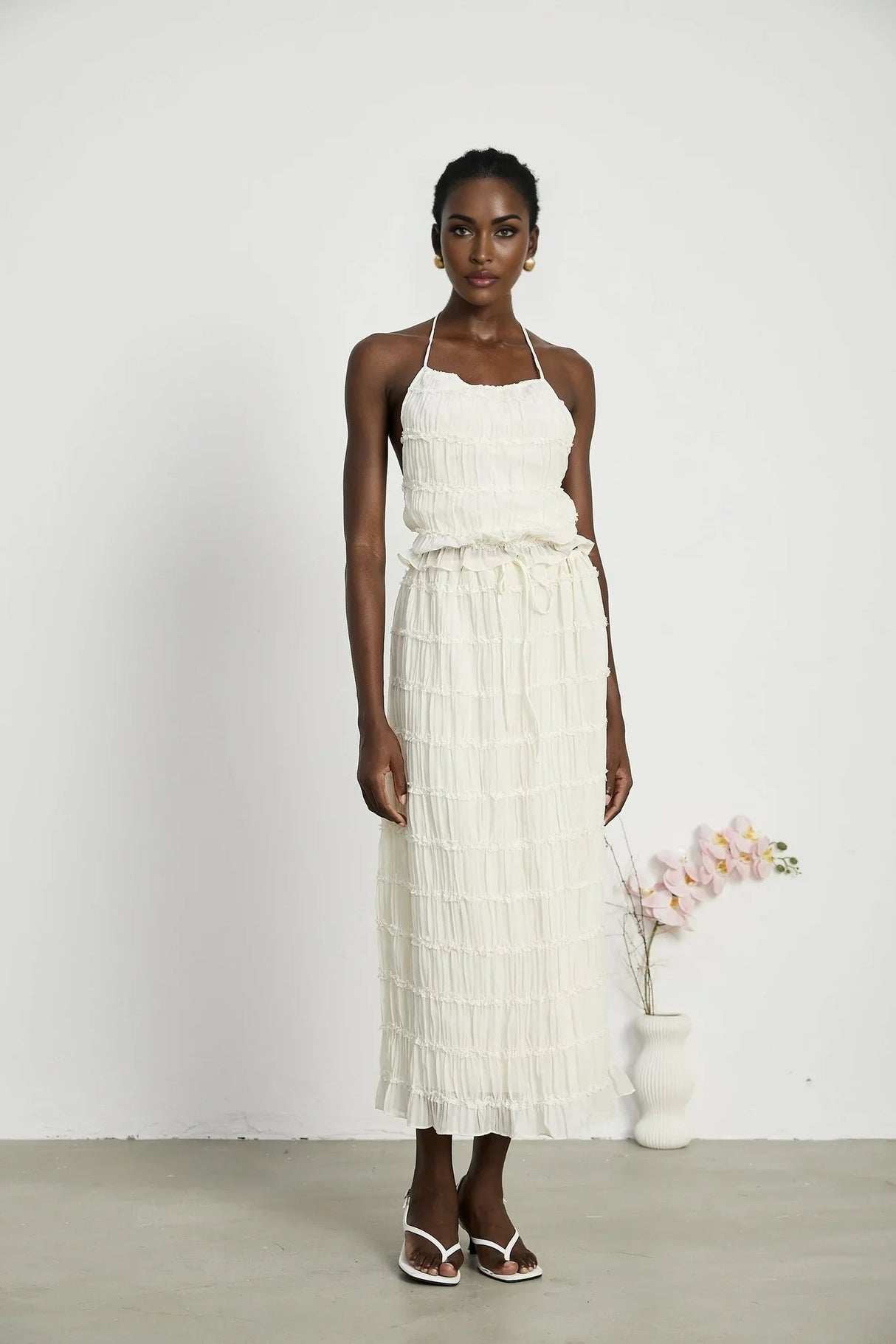 Alba Skirt & Top Set - Sleeveless Halterneck Open Back Pleated Ruffled Floor Length
