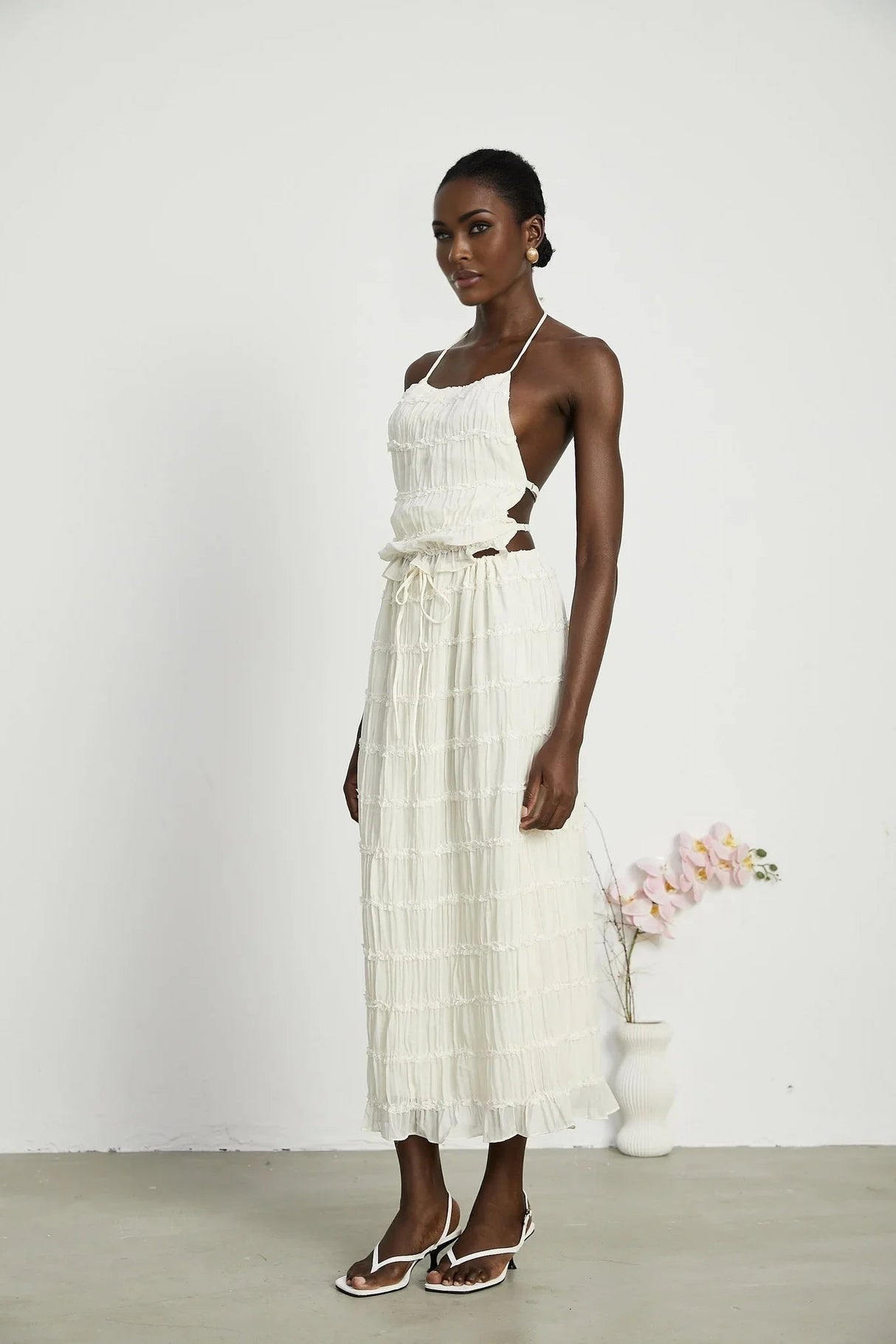 Alba Skirt & Top Set - Sleeveless Halterneck Open Back Pleated Ruffled Floor Length