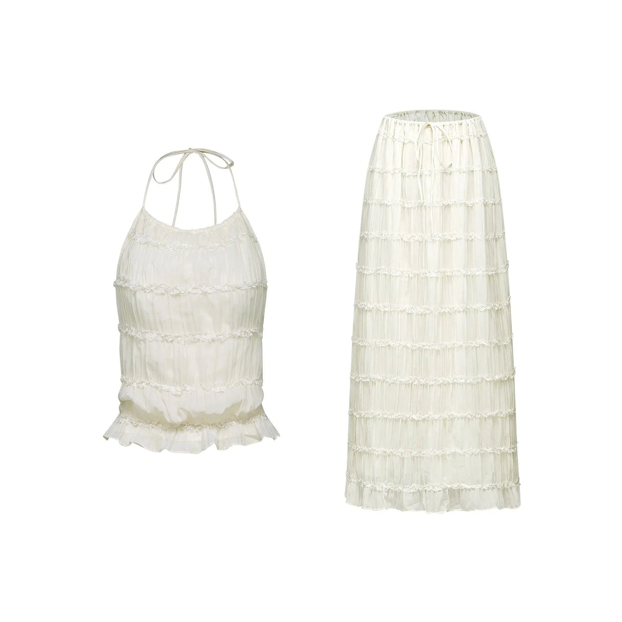 Alba Skirt & Top Set - Sleeveless Halterneck Open Back Pleated Ruffled Floor Length