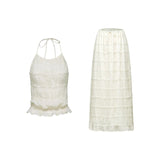 Alba Skirt & Top Set - Sleeveless Halterneck Open Back Pleated Ruffled Floor Length