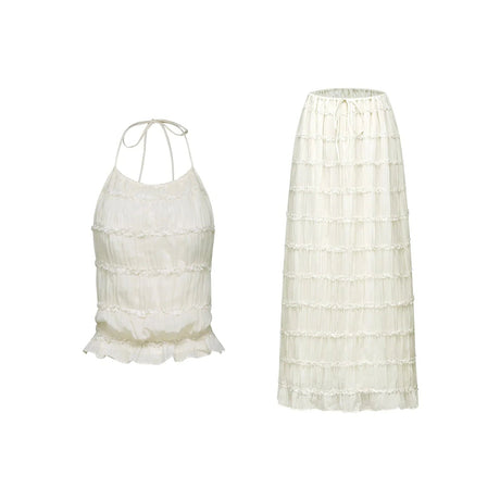 Alba Skirt & Top Set - Sleeveless Halterneck Open Back Pleated Ruffled Floor Length