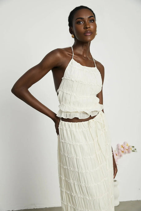 Alba Skirt & Top Set - Sleeveless Halterneck Open Back Pleated Ruffled Floor Length