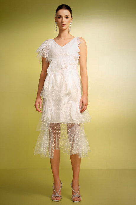 Alba White Butterfly Wave Point V-Neck Dress