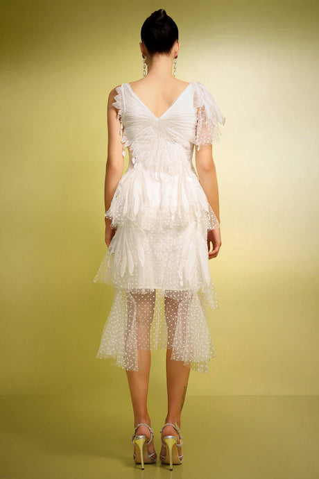 Alba White Butterfly Wave Point V-Neck Dress