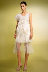 Alba White Butterfly Wave Point V-Neckline Ruffled Layered Dress