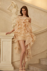 Albane Neutral Tiered Ruffled Tulle Mini Dress