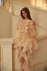 Albane Neutral Tiered Ruffled Tulle Mini Dress