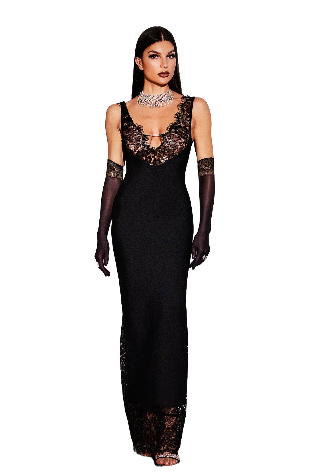 Alberta Black Lace Maxi Dress V Neck Sleeveless Formal Evening Gown