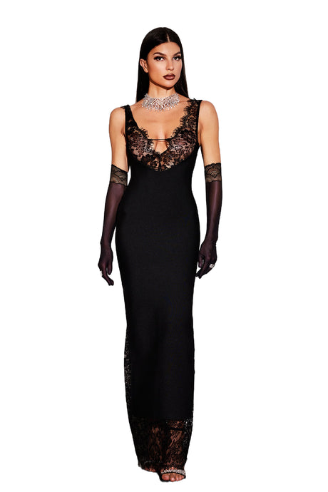 Alberta Black Lace Maxi Dress V Neck Sleeveless Formal Evening Gown