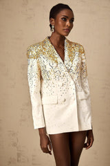 Alberta Blazer - Long Sleeves - Notched Lapels - Embroidered Sequin Stud Design - Double - Breasted Fastening
