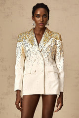 Alberta Blazer - Long Sleeves - Notched Lapels - Embroidered Sequin Stud Design - Double - Breasted Fastening