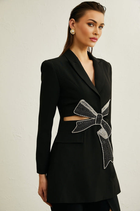 Alberta Blazer - Shoulder Pads - Cut - out Design - Crystal - Embellished Bow - Buttoned Cuffs