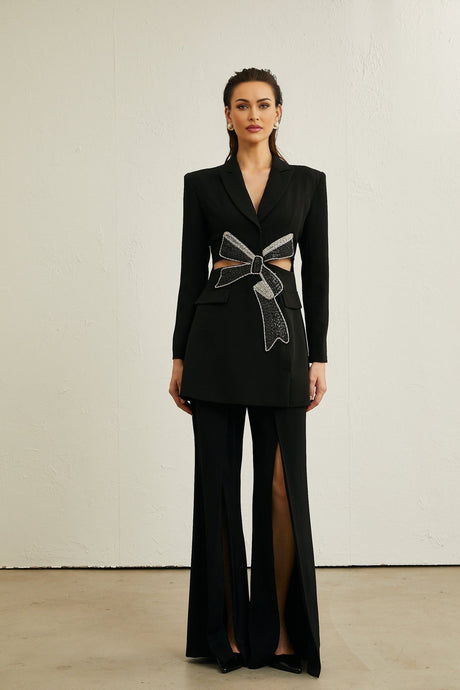 Alberta Blazer - Shoulder Pads - Cut - out Design - Crystal - Embellished Bow - Buttoned Cuffs