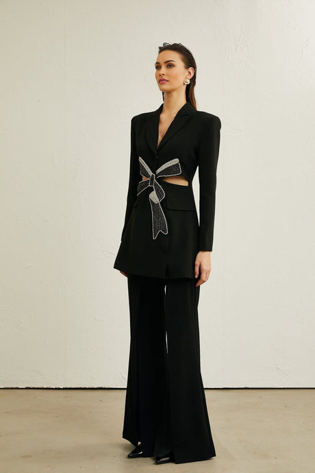 Alberta Blazer - Shoulder Pads - Cut - out Design - Crystal - Embellished Bow - Buttoned Cuffs