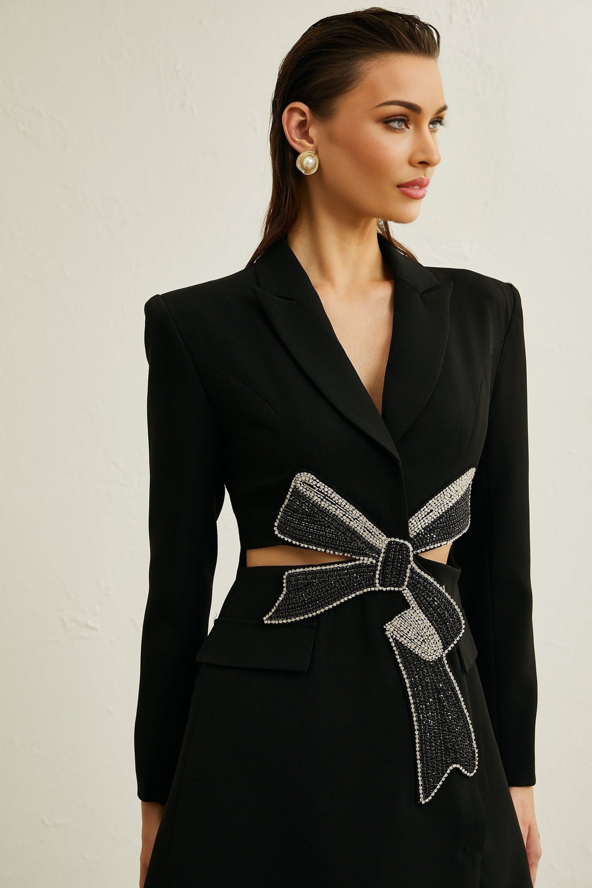 Alberta Blazer - Shoulder Pads - Cut - out Design - Crystal - Embellished Bow - Buttoned Cuffs