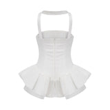 Alberta Mini Dress - Halterneck - Layered Design - Ruched Detailing - Rear Zip Fastening - Ruffled Hem