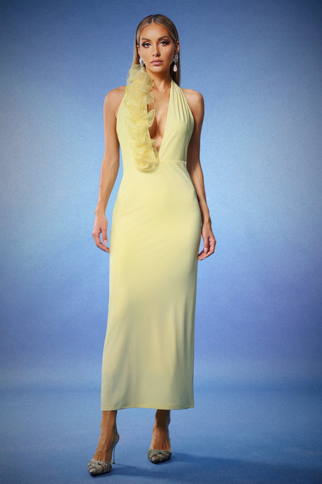 Alberta Yellow Halter Neck Dress with Ruffled Detailing for Special Occasions and Evening Events