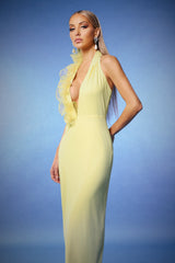 Alberta Yellow Halter Neck Ruffled Detail Backless Evening Dress