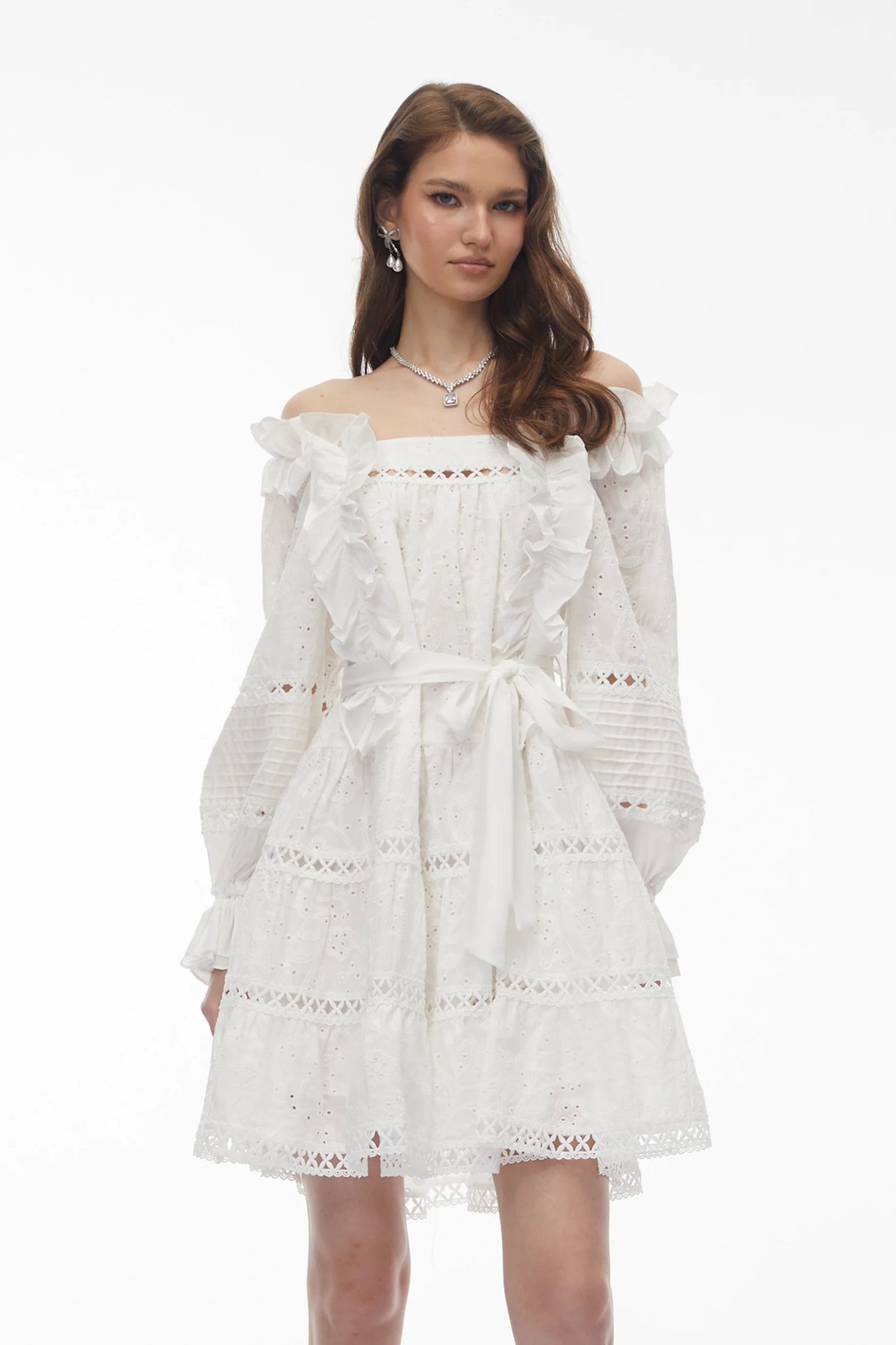 Alcestis White Ruffled Mini Dress with SelfTie