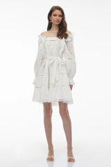 Alcestis White Ruffled Mini Dress with SelfTie