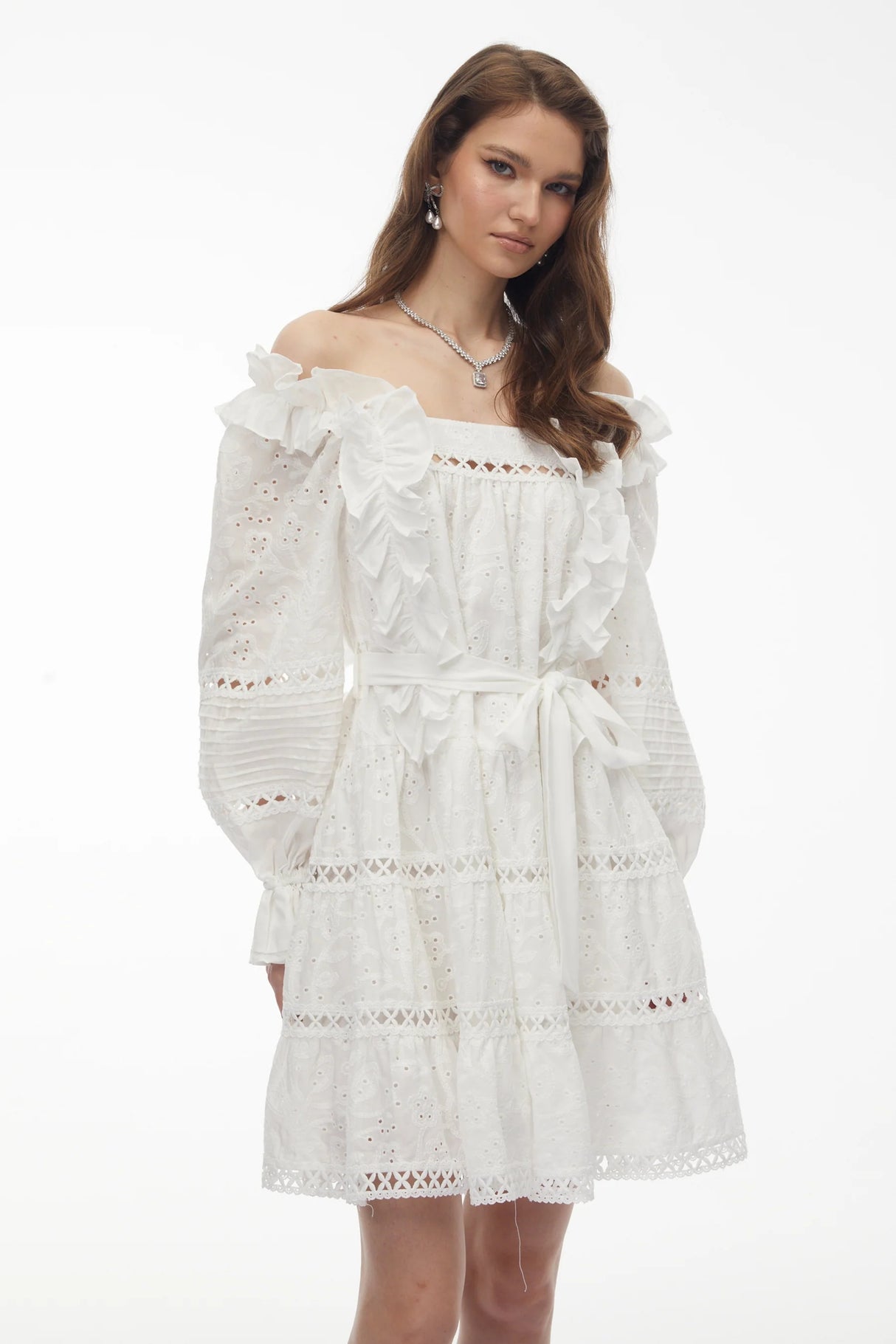 Alcestis White Ruffled Mini Dress with SelfTie