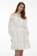 Alcestis White Ruffled Mini Dress with SelfTie