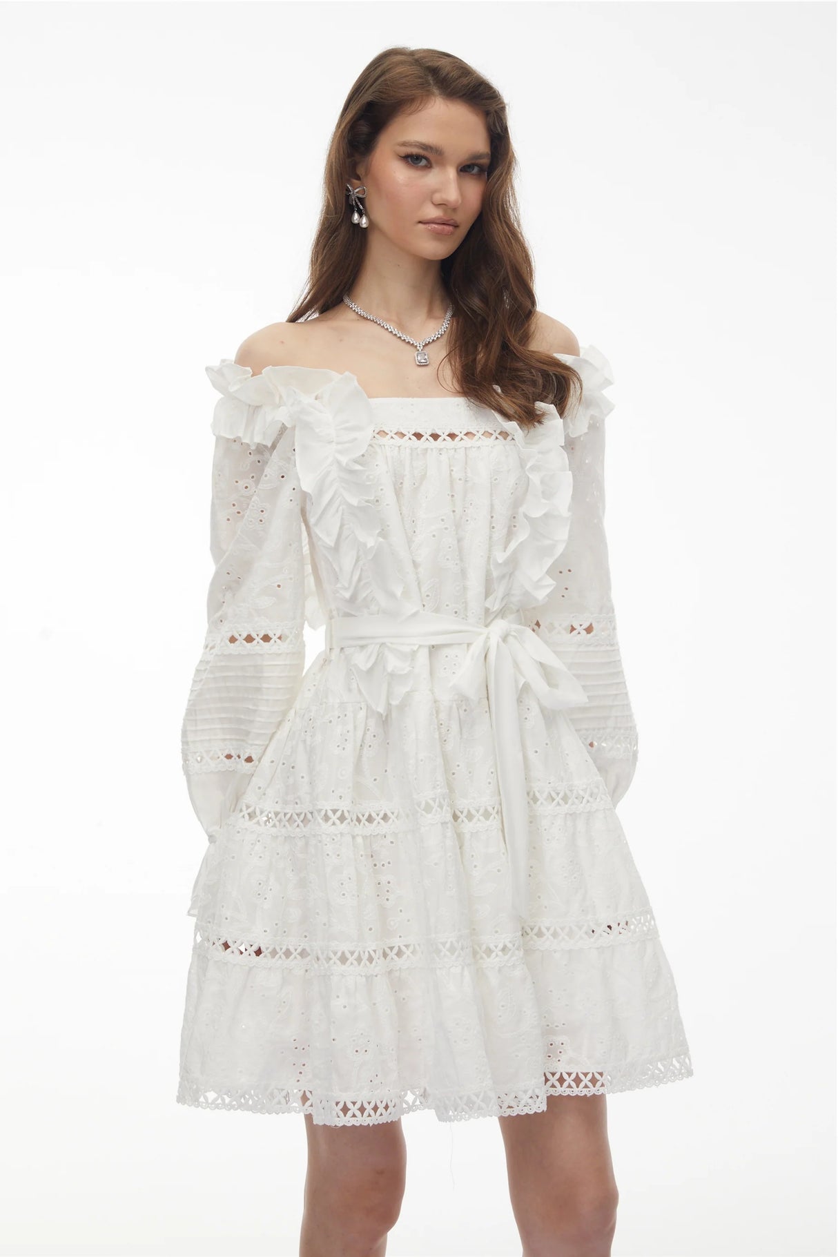 Alcestis White Ruffled Mini Dress with SelfTie